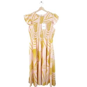 Bohme Smocked Tropical Print Midi Dress Size Large New